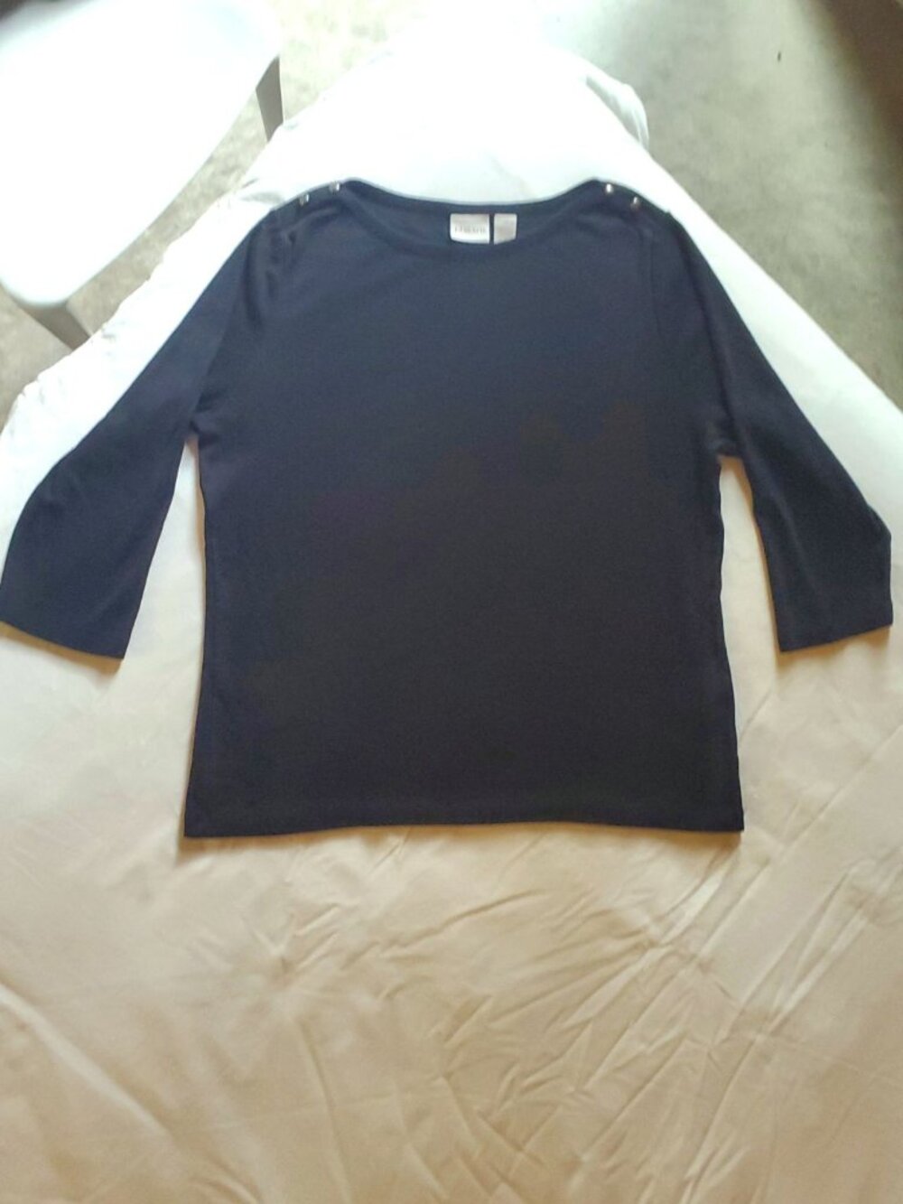 Chico’s Black Cotton 3/4 Sleeve Boatneck Top Shoulder Buttons Size 2 / Large
